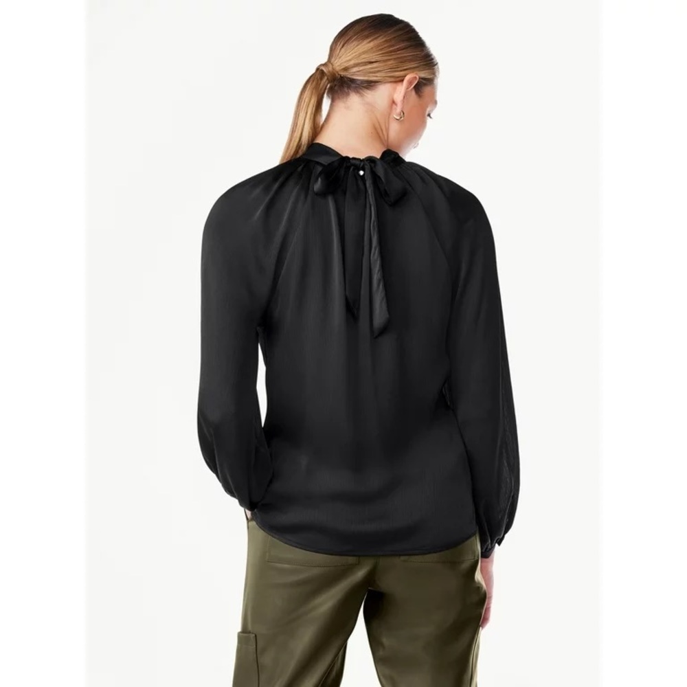 Scoop Black Satin Tie Neck Blouse Long Sleeve Top